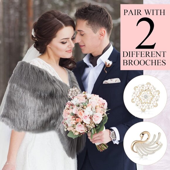 Faux Fur Shawl Wrap Stole Shrug Winter Bridal Wedding Scarf Wrap with Faux Pearl - Picture 6 of 7